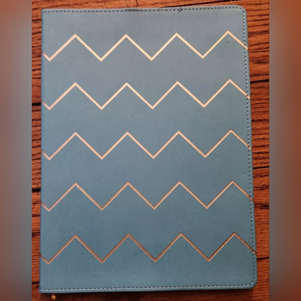 Vegan Leather Bound Notebook Lined Journal Diary Book Sky Blue Chevron 10x7.5 in